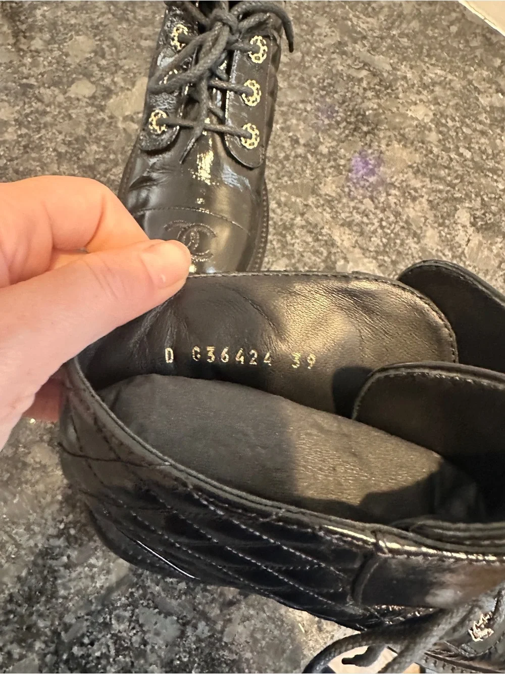CHANEL Black Patent Leather Quilted Lace-Up Combat Boots with Gold Hardware